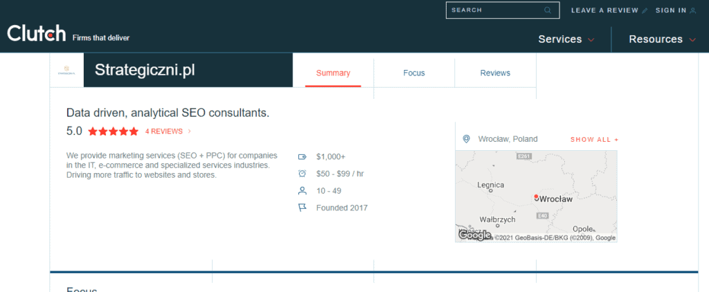 Screen przedstawiający profil Strategiczni.pl w serwisie Clutch