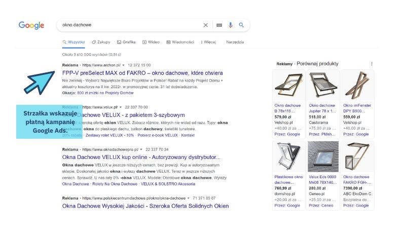 strzałka wskazująca w wynikach wyszukiwania płatną kampanię Google Ads