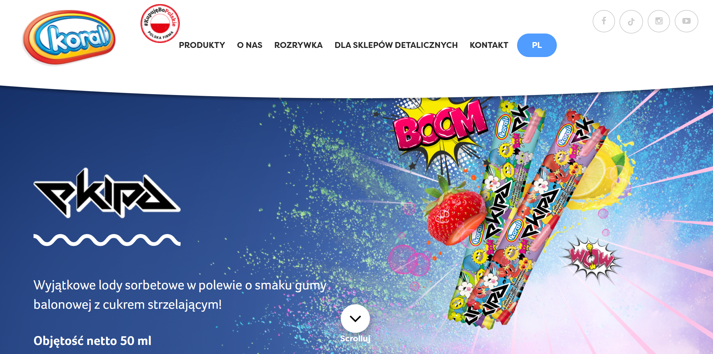 Zdjęcie promocyjne lodów ekipy koral na kosmicznym tle z owocami i komiksowymi dymkami na stronie internetowej marki