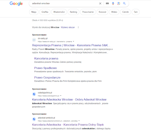wyszukiwania google na frazę adwokat wrocław - wyniki sponsorowane