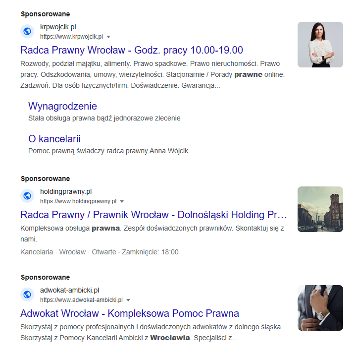 Zrzut ekranu przedstawiający wyszukiwania w Google frazy radca prawny Wrocław